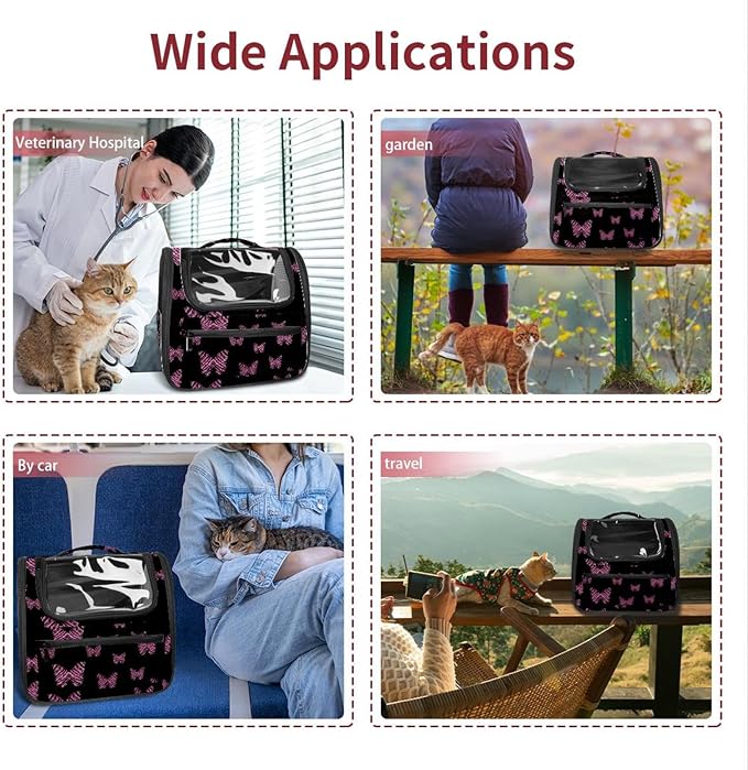 Butterfly on Black Background Pet Carrier Airline Approved Soft Sided Portable Cozy Travel Pet Bag, Car Seat Safe Carrier for Cats and Dogs