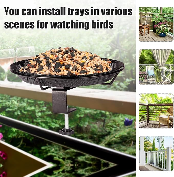 Deck Mounted Bird Feeder Bowl with 1.8 inch Thick Iron Clamp - Detachable Outdoor Decor for Garden Backyard Patio and Deck - Perfect for Attracting Birds