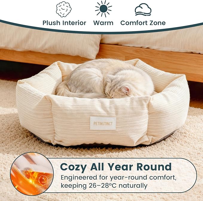 Cat Bed, Washable Orthopedic Cat Beds for Indoor Cats, Soft Donut Calming Pet Bed for Puppy and Kitten with Anti Slip Bottom, Small Dog Bed, 21.7x21.7x5.9 in, Cream White