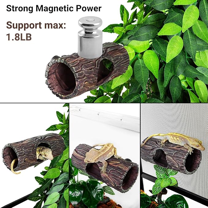 REPTIZOO Magnetic Reptile Hide Cave Resin Hollow Tree Trunk Hideout, Gecko Hide with Strong Magnetic Climbing Toy Reptile Tank Accessories for Crested Gecko,Lizard, Terrarium Decor