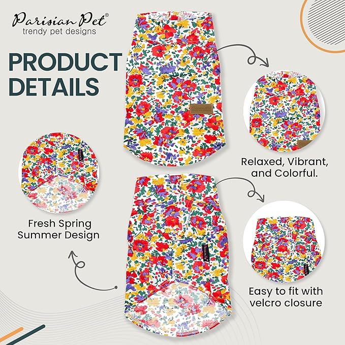 Parisian Pet Floral Pattern Cotton Shirt - Summer Beach Outfit for Small Dogs - Hook and Loop Closure, Machine Washable - Size S