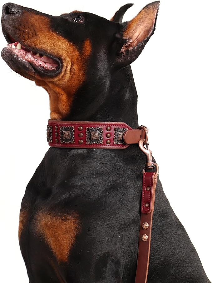 PET ARTIST Upgrade Padded Leather Dog Collar, 2 inch Wide Genuine Leather Dog Collars with Strong Studded Rivet & Metal Buckle, Adjustable Large Dog Collar for Pit Bull Doberman,Red,Neck 19-22"
