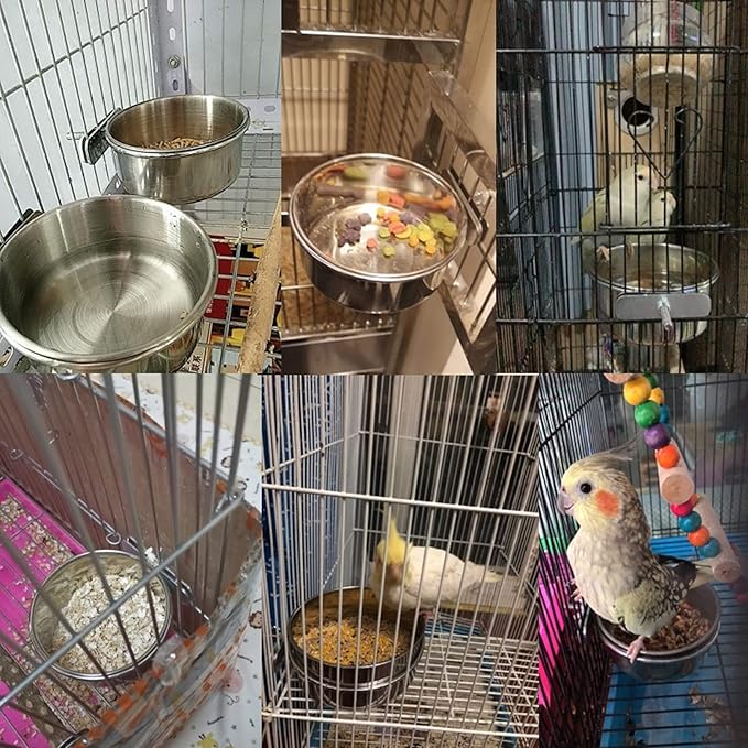 PINVNBY Parrot Feeding Dish Cups,Stainless Stee Bird Feeder Birds Food Water Bowls with Clamp Holder,Parakeet Cage Dish Perch Stand Toys(3 Pcs)