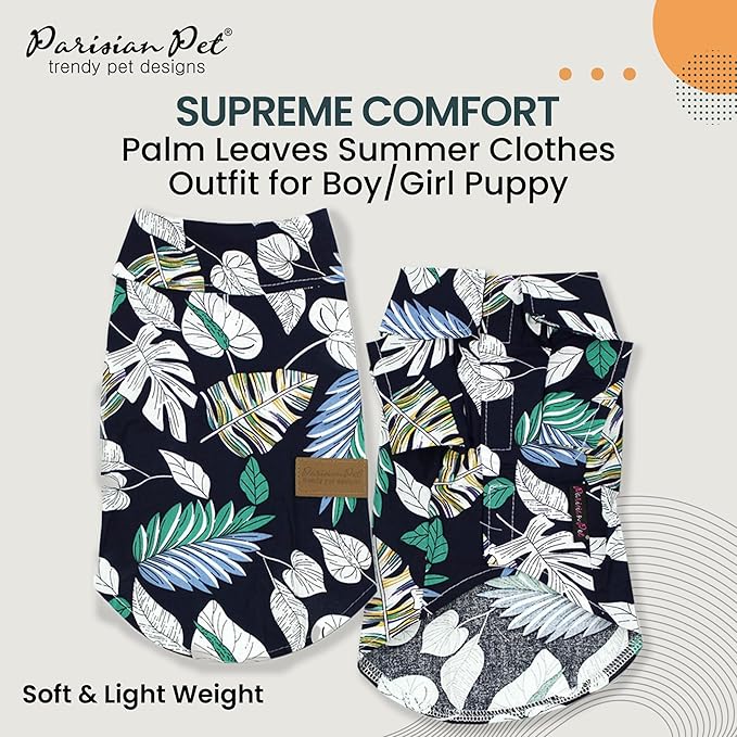 Parisian Pet Palm Leaves Shirt - 100% Cotton Summer Clothes - Stylish Beach Outfit for Dogs - Hook and Loop Closure Costume - Machine Washable - XL for Large Dogs