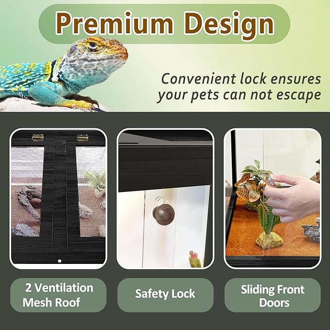 PROLEE Bearded Dragon Tank,Tempered Glass Reptile Tank with Mesh Roof and Front Sliding Door,Anti-Scratch Lizard Tank,Spacious Reptile Enclosure for Snakes,Lguanas (Black, 81Gallons,48"x20"x20")
