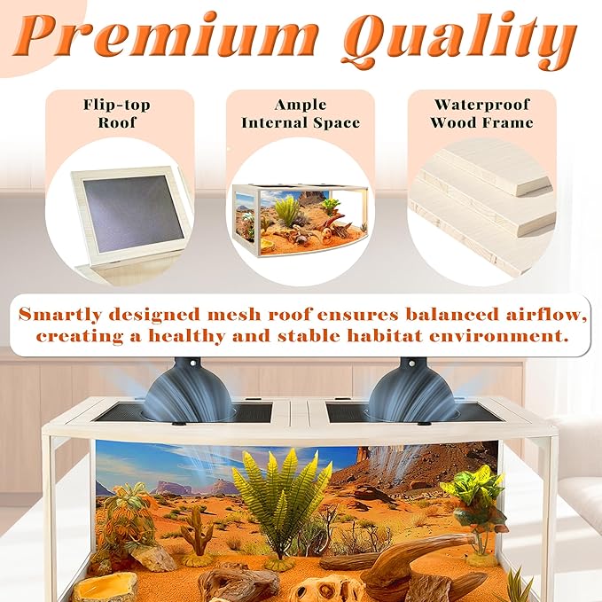 PROLEE Bearded Dragon Tank, Curved Reptile Enclosure with 3-Side Clear Acrylic Panels, Spacious Lizard Tank with Metal Mesh Top and Lockable Door for Reptile Habitat (Oak, 48" Length,80 Gallons)