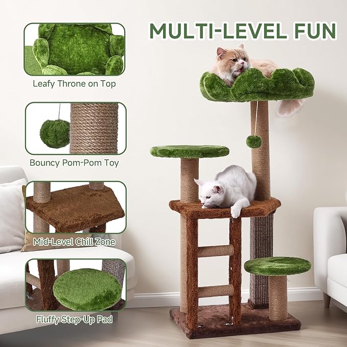 Cat Tree, 37.4-Inch Cat Tower with Plush Cozy Perch for Indoor Cats, Sturdy Tower with Fully Sisal-Wrapped Columns and Plush Toy Ball for Kitty Play, Green