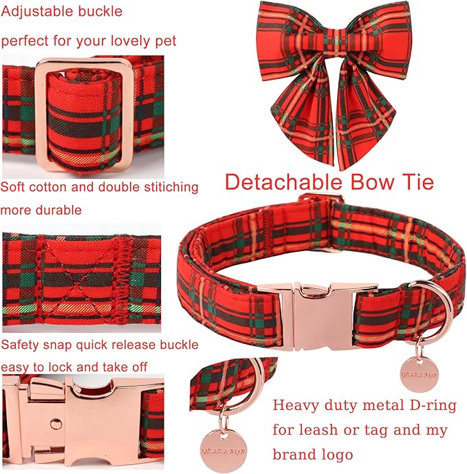 Christmas Dog Collar with Bow Tie, Cotton Christmas Plaid Collar for Medium Girl Boy Dog,Red &Green Plaid Dog Collar Bowtie with Durable Metal Buckle,Adorable Pet Collar, XS, Neck 8-12in