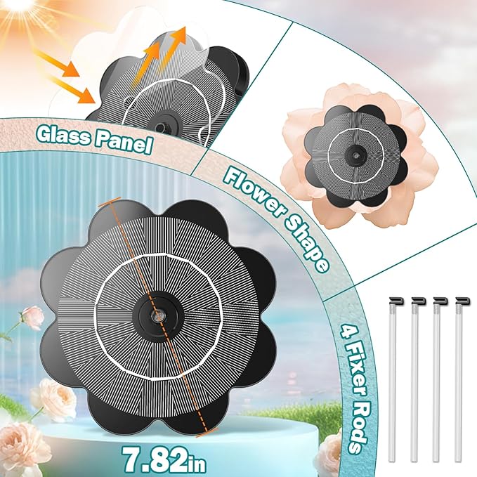 Yzert Solar Fountain Flower Shape-No Battery, Glass 3.5W Solar Water Fountain with 7 Nozzles & 4 Fixer Rods,Solar Fountain Pump for Bird Bath, Outdoor, Pool, Garden, Pond & Flower Pot