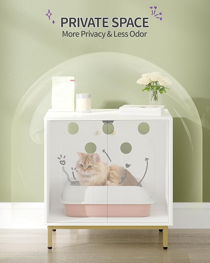 Cat Litter Box Enclosure, Hidden Litter Box Furniture Cabinet, Wooden Indoor Cat House, Side End Table, Living Room, Bedroom, White and Gold CB81203G