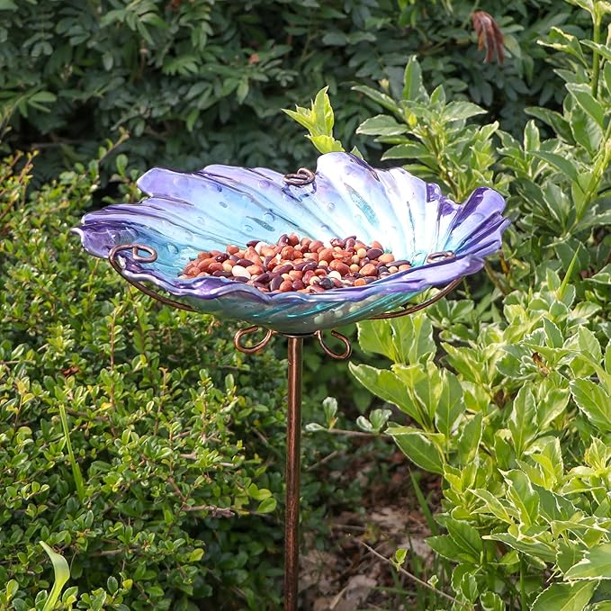 MUMTOP Glass Bird Baths for Outdoors, Garden Bird Bath Bowl with Metal Stake Birdbaths for Outside Yard Outdoor, Purple