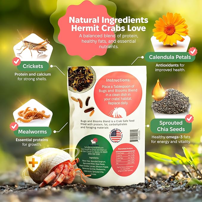 Snout and Shell Bugs and Blooms Hermit Crab Food - 1 oz - 30 Grams - Whole Food Diet for Hermit Crabs - Seeds, Bugs and More