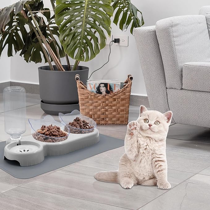 Triple Cat Bowls with Water Dispenser, Pet Whisker Friendly Water and Food Bowl Set with Non-Slip Mat, 15° Tilted Double Feeding Bowls, Elevated Wet and Dry Food Dish for Kitten&Small Dog (Grey)