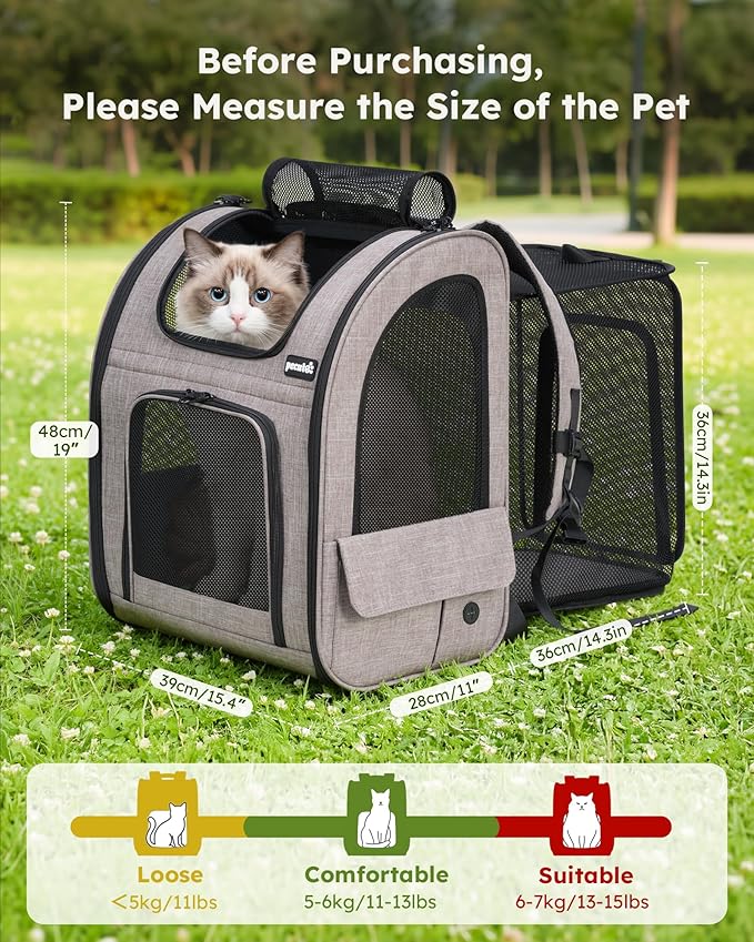 Pecute Cat Backpack Carrier XL, ExpandablePet Backpack for Cats & Small Dogs Up to 15lbs, with 4-Side Breathable Mesh, Multi-Entry & Lockable Zippers for Travel, Hiking, Camping - Hands Free, Khaki
