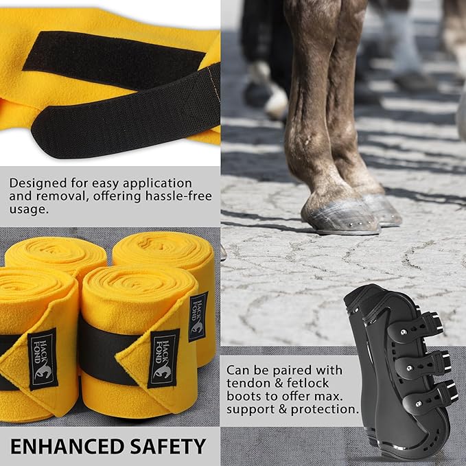 Horse Polo Leg Wraps, 5' Long Fleece Polo Wraps for Horses Set of 4, Horse Leg Bandages Stable Supplies Equestrian Boots Horse Leg Protection Mustard Yellow