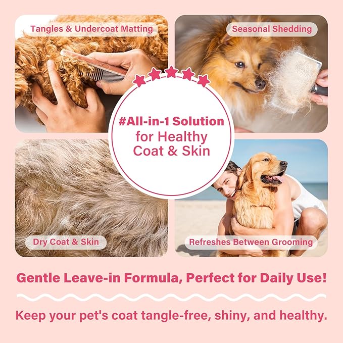 Dog Detangler & Dematting Spray - Leave-in Conditioner, Classic Powdery Scent | Infused with Coconut Oil, Jojoba Oil, and Squalane for Easy, Tangle-Free Grooming - 3.38 fl. oz