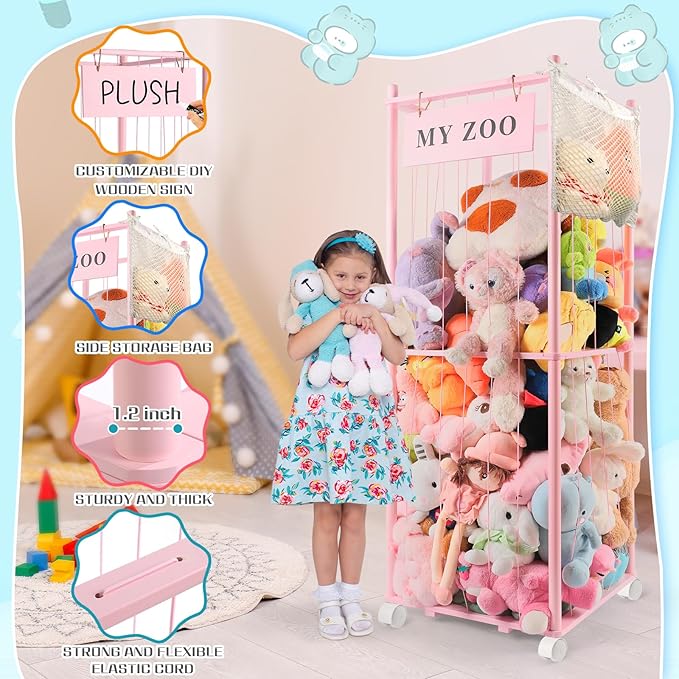 Stuffed Animal Storage Zoo with Wheels, Wooden Stuffed Animal Organizer with Elastic Cords, Space Saving Toy Plushies Storage Holder for Playroom, Bedroom, Living Room(Pink, Large)