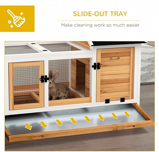 PawHut Wooden Rabbit Hutch with Wheels, Indoor Outdoor Large Bunny Hutch with Run & Slide-Out Tray for Small Animals, Rabbits, Chickens, Ducks, Guinea Pig, Yellow