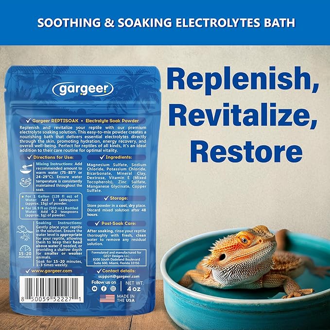 Premium ReptiSoak Electrolytes SOAK for Reptiles | Hydration & Recovery Bath Powder for Bearded Dragons, Geckos, Lizards, Tortoises | Electrolyte Reptile Supplement | Made in USA. Enjoy!