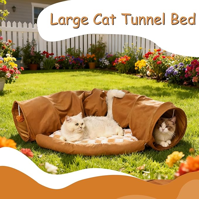 Large Cat Tunnel Bed for Indoor Cats, Peekaboo Cat Cave with Detachable & Washable Design, Scratch-Resistant Donut Bed for Multiple & Large Cats (Beige Plaid)
