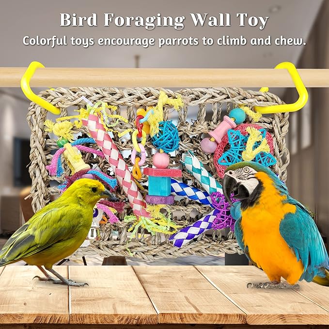 Fhiny Bird Foraging Toys, Parrot Chew Toys Seagrass Climbing Hammock Mat with Shredder Papers Wood Blocks Chewing Toys Suitable for Budgies Parakeets Love Birds