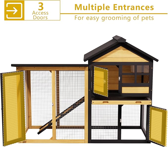 Chicken Run Coop, Wooden Duck Coop Outdoor 2-Tier Hen House All Weather Used Poultry Quail Cage Rabbit Hutch Pet Hideout with Ramp for Small Medium Animals (Natural Wood)