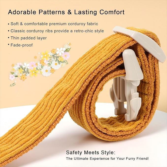 Cute Corduroy Dog Collar - Mustard Yellow Adjustable Dog Collars for Large Dogs 50-80lbs, Fade-Proof with Secure Snap & Little Charm, Christmas Birthday Gift, L
