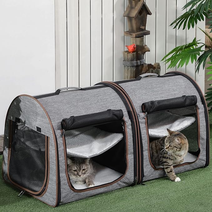 PawHut 39" Portable Soft-Sided Cat Carrier, Cat Kennel, Travel Dog Crate with Divider, Two Compartments, Soft Cushions & Storage Bag, Easy to Fold, Light Gray
