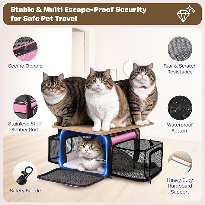 Top and 2 Sides Expandable Cat Carrier 18x13.5x9.5, TSA Airline Approved Dog Carriers for Small Dogs, Soft-Sided Pet Carrier with Self-Locking Zippers for Kitten,Rabbit, Puppy, Guinea Pig Pink