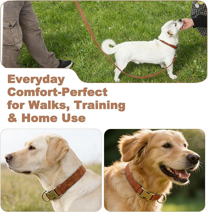 Genuine Leather Dog Collar - Adjustable Pet Collar with Quick Release Metal Buckle, Soft Skin Friendly Real Leather Collar for Small, Medium, Large Dogs (Khaki, S：Fit 8-16" Neck)