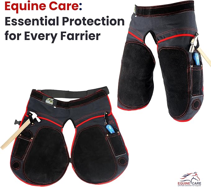 Equine Care Farrier Apron Chaps – 2mm Cowhide Suede Leather, 500 GSM Canvas, 23" Length, Adjustable Waist (28–52"), Ambidextrous Knife Pockets, Magnets & Loops – Horseshoeing & Hoof Trimming.
