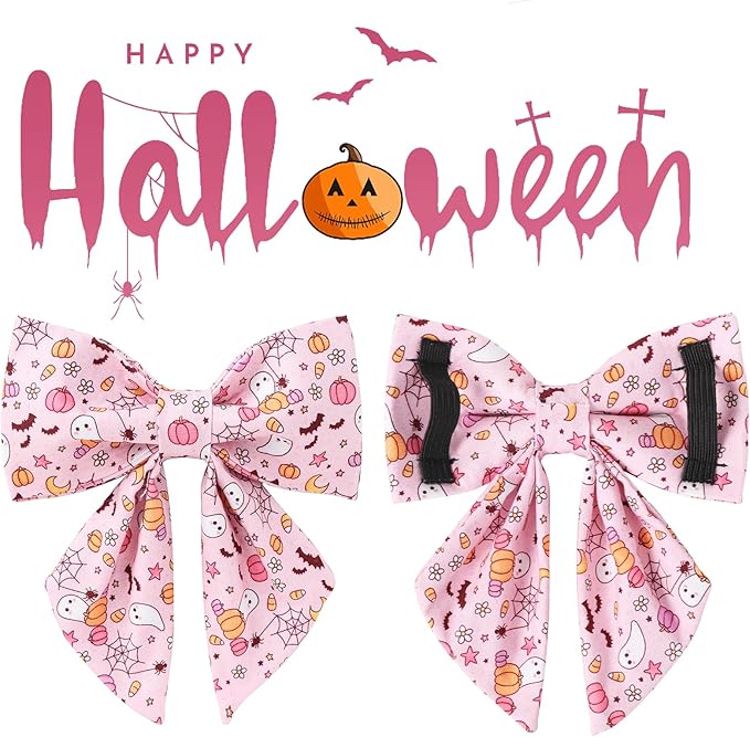 Halloween Dog Collar with Flower, Pink Halloween Puppy Flower Collar with Adjustable Metal Buckle,Fancy Halloween Dog Collar Bowtie Gift for Girl Boy Dog,L
