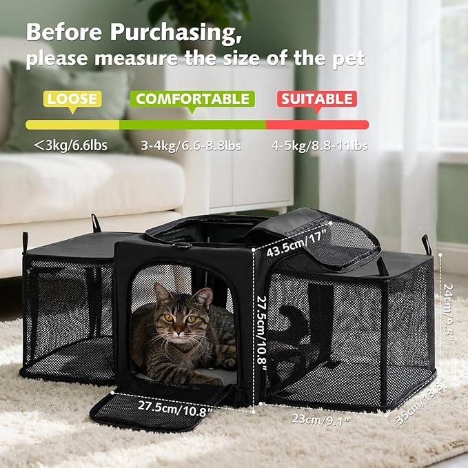 Pecute Cat Carrier Expandable, Stable Pet Carrier with 5mm Thick Steel Wire Frame, Dual-Side 200% Larger Space, Car Travel Carrier with Locking Zippers & Belt, Foldable for Storage, Dark Gray