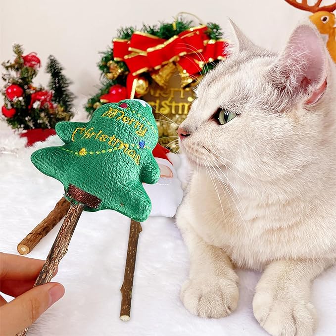 Christmas Catnip Toys Cat Chew Toy, 3Pcs Silvervine Sticks for Cats, Soft Plush Teething Chew Toy, Kitten Catnip Toys for Cats Exercise, with Gift Box