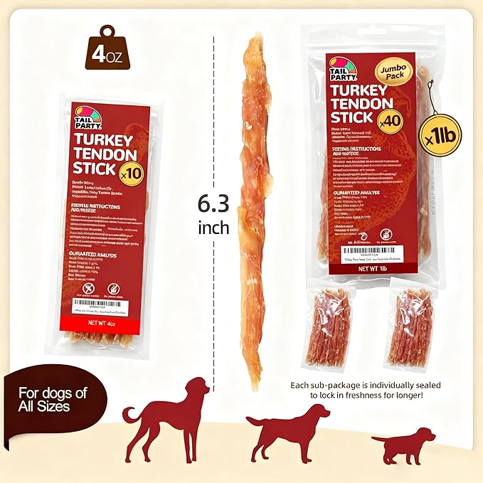 TailParty Turkey Tendons for Dogs: Soft Natural Dental Chew Stick & Puppy Training Treats Long Lasting Snack for Health-Conscious Pet Owners(Strips,4oz)
