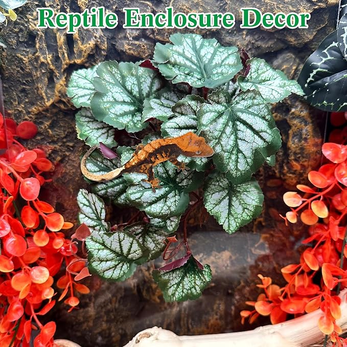 VCEPJH Reptile Plants with Suction Cup Amphibian Habitat Decor 2 Pcs Artificial Leaves for Terrarium Decor Crested Gecko Tank Accessories for Bearded Dragon, Lizard, Snake (Red Saxifrage)