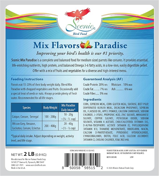Scenic Mix Paradise Premium Parrot Food - Apple & Natural Flavors, High Protein, Low Iron Conure Bird Food, Eclectus & Other Small Pet Parrots, Omega 3, Vitamins & Minerals, 2 LB (Pack of 2)
