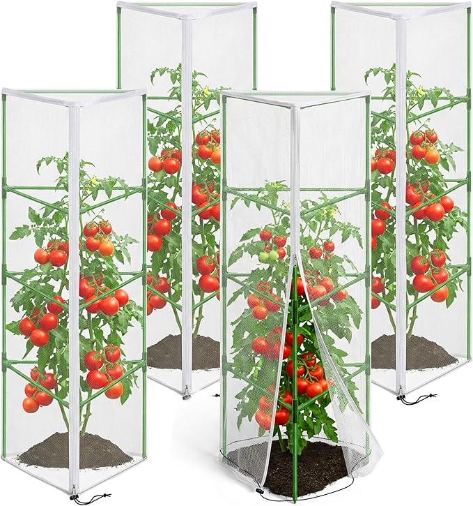 4 Pcs Garden Bird Netting for Triangle Plant Cage, 59" x 20" x 20" Tomato Cage Garden Net Cover with Zipper, Tomato Trellis Insect Bird Barrier Protection Mesh for Vertical Climbing Plant Vegetable