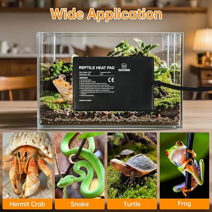 Reptile Heat Pad 8x12 Inch 24W, Terrarium Heating Mat Under Tank, Reptile Heat Mat/Pad for Amphibians, Turtle, Lizard, Bearded Dragon, Hermit Crab, Frog, Snake