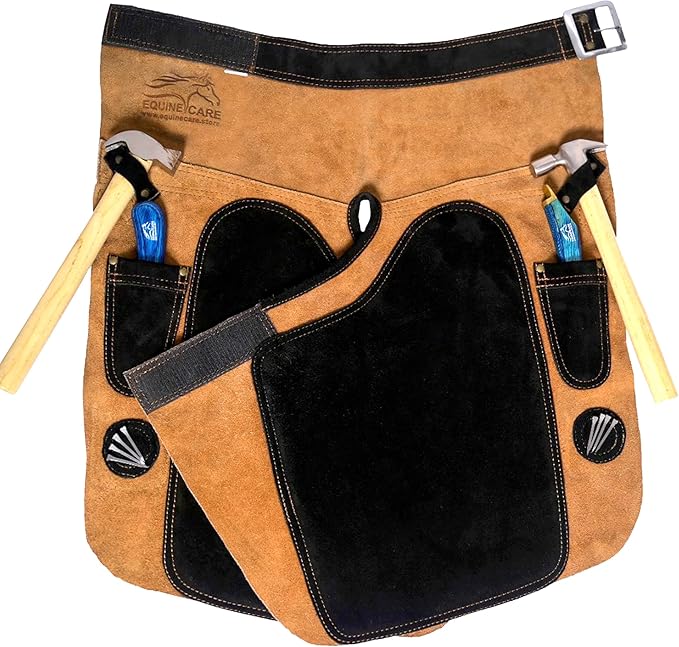 Equine Care Professional Farrier Apron - Premium Leather Farrier Chaps with EVA Foam Padding, Adjustable Ergonomic Fit, 2 Hoof Knife Pockets & 2 Nail Magnets, for Hoof Trimming & Horseshoeing Tasks.