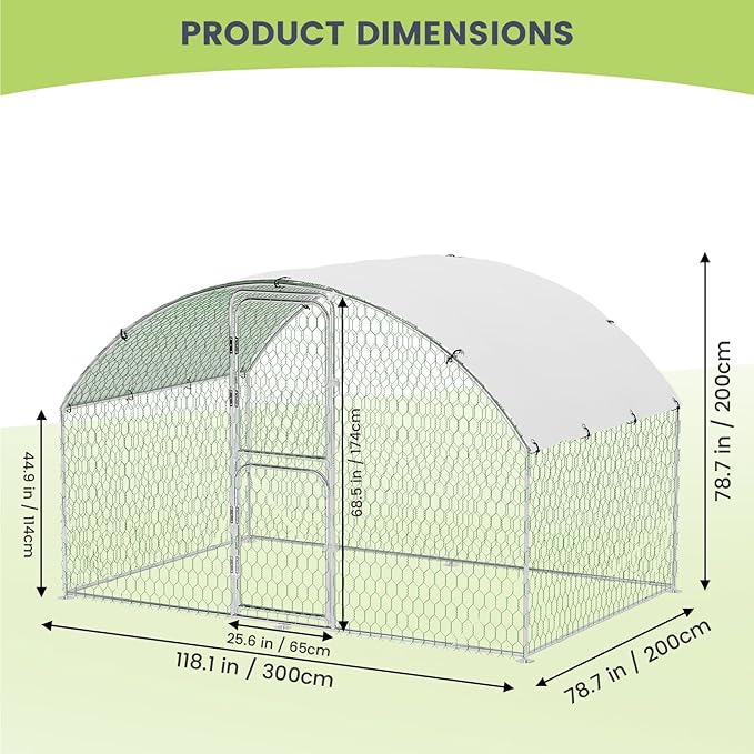 Large Metal Chicken Coop Run,Outdoor Walk-in Cage Peak Hen House with Waterproof and Anti-Uv Cover,Dome Roof Hen House with Security Lock for Outdoor,Backyard and Farm, 9.8 x 6.5 x 6.5 ft