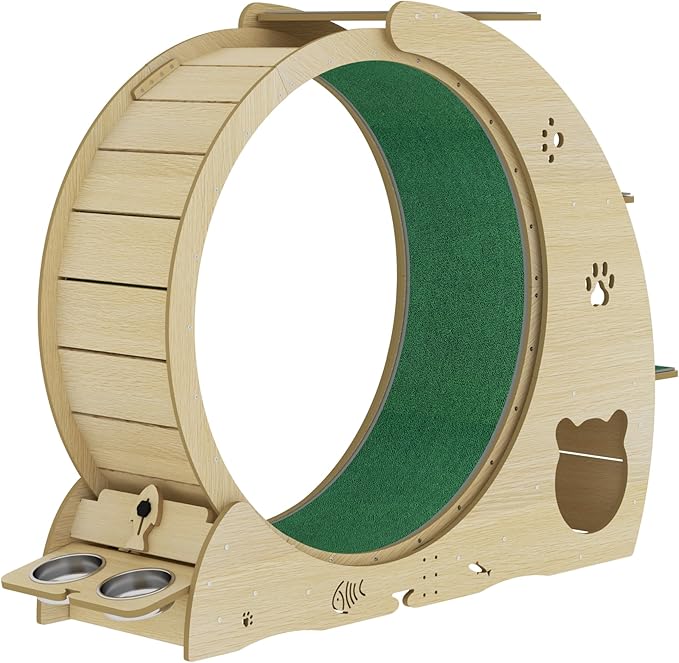 GarveeLife Cat Exercise Wheel for Indoor Cats, Cat Treadmill with Bowls, Scratch Post & Detachable Carpet, Large Quiet Cats Running Wheel for Kitties Endless Fun & Fitness Wood Color