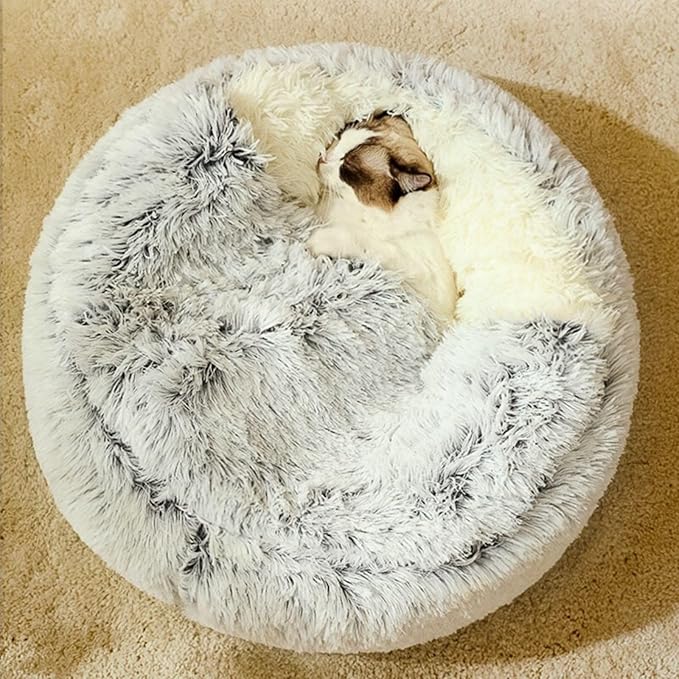 Plush Fluffy Dog and Cats Round Bed – Ultra-Soft Faux Fur Pet Shell Nest with Raised Bolster Edge, Self-Warming Calming Nest for Small to Large Pets (Gray, Large（26”）)