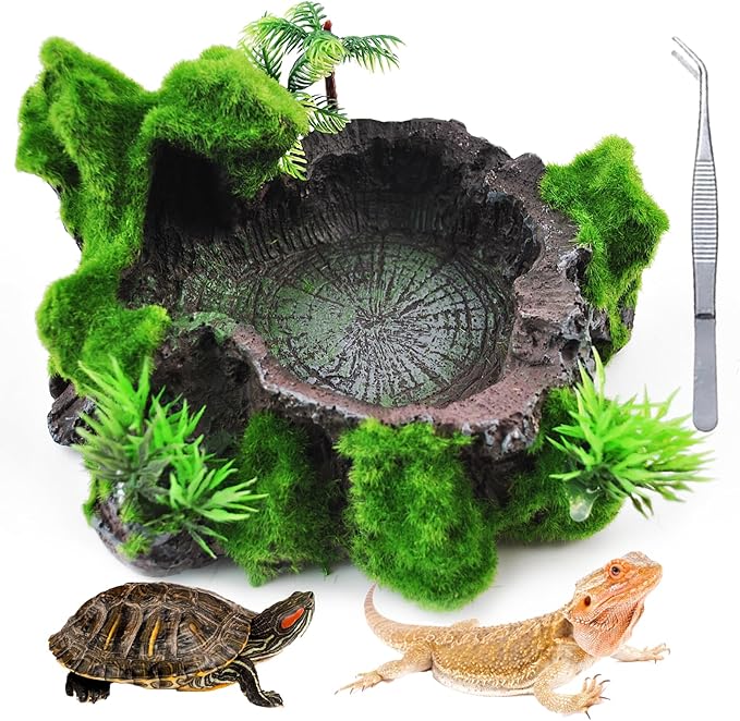 kathson Resin Reptile Bowl Bearded Dragon Food Dish Lizard Water Dish Reptiles Feeding Bowls with Feeder Tweezer for Leopard Gecko Tortoise Chameleon Water Frog Hermit Crab