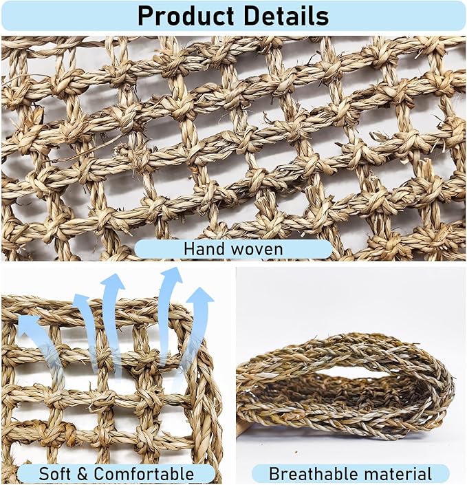 VCEPJH Bearded Dragon Hammock, Reptile Window Perch Natural Seagrass Gecko Climbing Tank Accessories Lizard Lounger Bed with Powerful Suction Cups Bearded Dragon Toys for Basking (11.81 * 7.08)