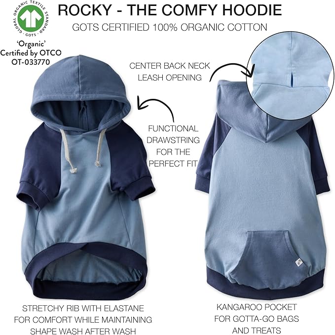 Rocky – The Orginal Lightweight Hooded TEE 100% Organic Cotton Dog Hoodie Pet Coat Sweater for Small, Medium, Large Dogs, Navy Color Block, Large
