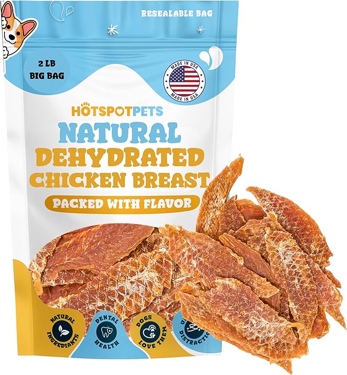 hotspot pets Dehydrated Chicken Breast Tenders- USA Chicken Breast -2lb Reasealable Value Bag, All-Natural, Made in USA - High Protein, Low Fat, Raw Dehydrated Chicken Breast Fillets Dog Treats