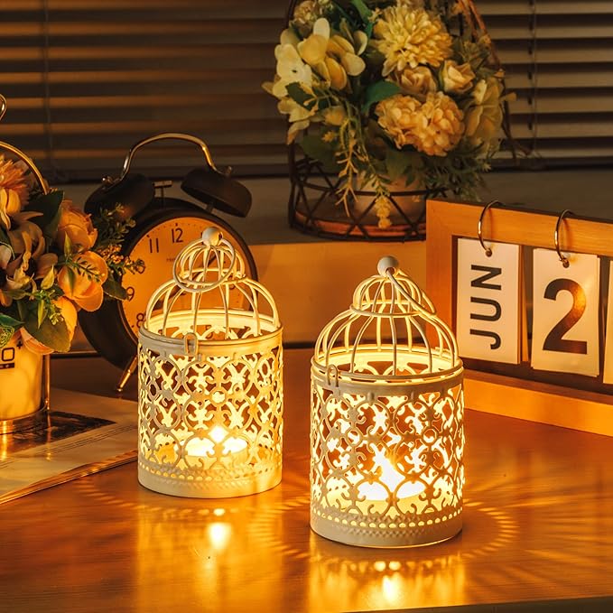 12 Pack Small Metal Tealight Hanging Birdcage Lantern Vintage Decorative Centerpieces Table Top Candle Holder Candle Lantern for Wedding Gifts Home Dinner Party Christmas (White)