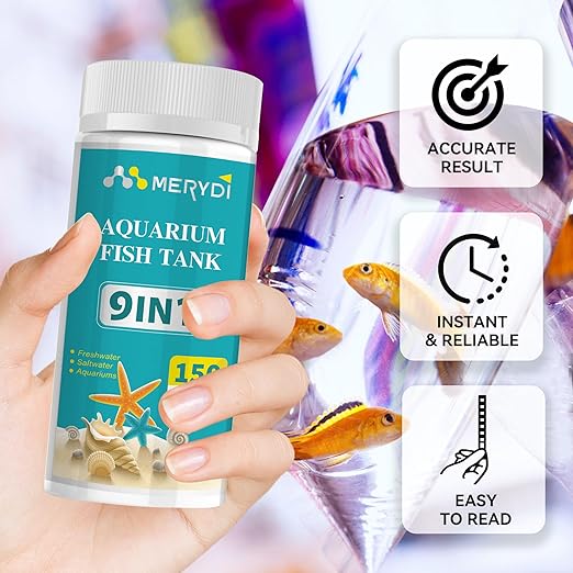 Aquarium Test Strips, 9 in 1 Fish Tank Test Kit for Freshwater Ponds, 150 ct Quick & Accurate Water Testing Iron Copper Sodium Chlorine Nitrate Nitrite Total Alkalinity Hardness Free Chlorine pH