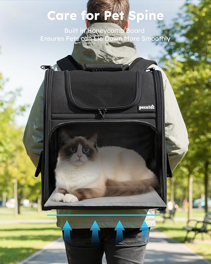 Pecute Cat Backpack Carrier XL, Expandable Pet Backpack for Cats & Small Dogs Up to 15lbs, with 4-Side Breathable Mesh, Multi-Entry & Lockable Zippers for Travel, Hiking, Camping - Hands Free, Black